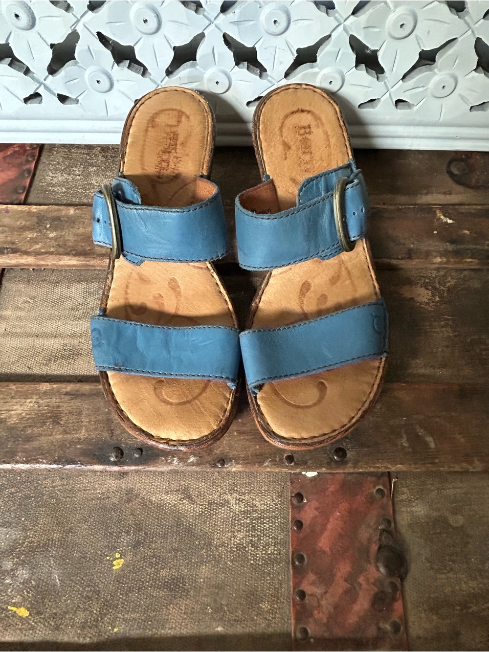 Born Blue‎ Leather Slide Sandals Wooden Heel Clogs Women’s Size 8